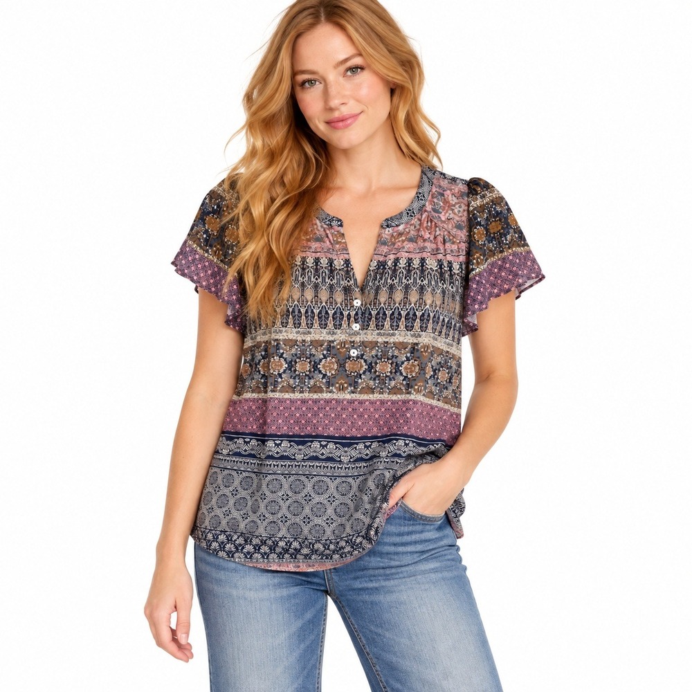 Lucky Brand Mixed Print Henley Top Size S Blue Pink Boho Peasant Cottagecore